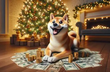 doge near a christmas tree