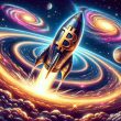 Bitcoin on a rocket flying across galaxies and stars