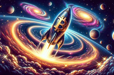 Bitcoin on a rocket flying across galaxies and stars