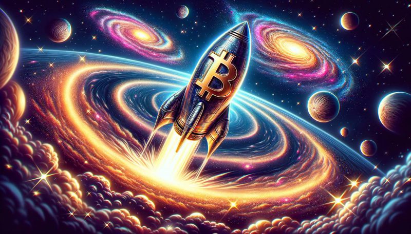 Bitcoin on a rocket flying across galaxies and stars