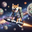 Shiba Inu on a rocket with galaxies made of money