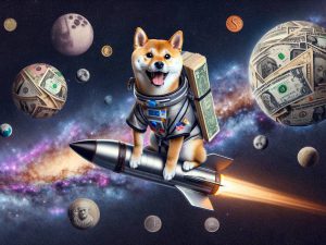 Shiba Inu on a rocket with galaxies made of money