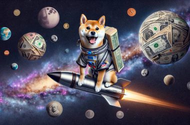 Shiba Inu on a rocket with galaxies made of money