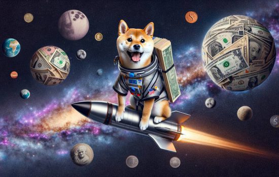 Shiba Inu on a rocket with galaxies made of money