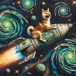 Dogecoin on a rocket playing with galaxies made of money