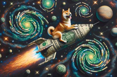 Dogecoin on a rocket playing with galaxies made of money