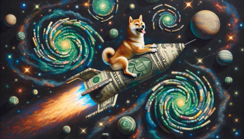 Dogecoin on a rocket playing with galaxies made of money