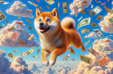 Doge flying with clouds made of money