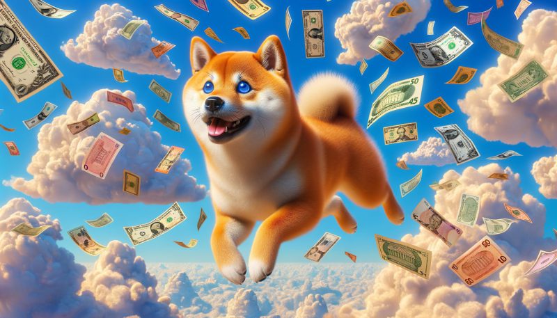 Doge flying with clouds made of money