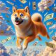 Doge flying with clouds made of money