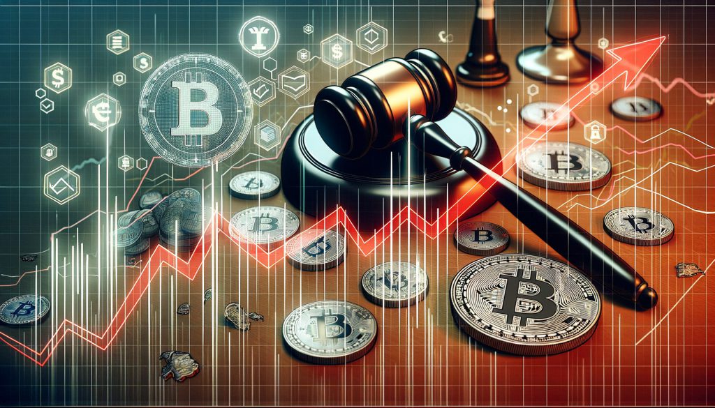 gavel and cryptocurrency signs