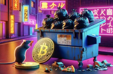 3 bitcoin coins founding in a dumpster on top of black trash bags next to a rat eating pizza