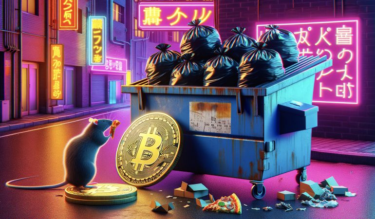 3 bitcoin coins founding in a dumpster on top of black trash bags next to a rat eating pizza