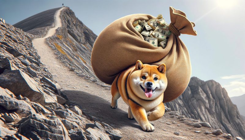 doge going up a mountain with money