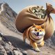 doge going up a mountain with money