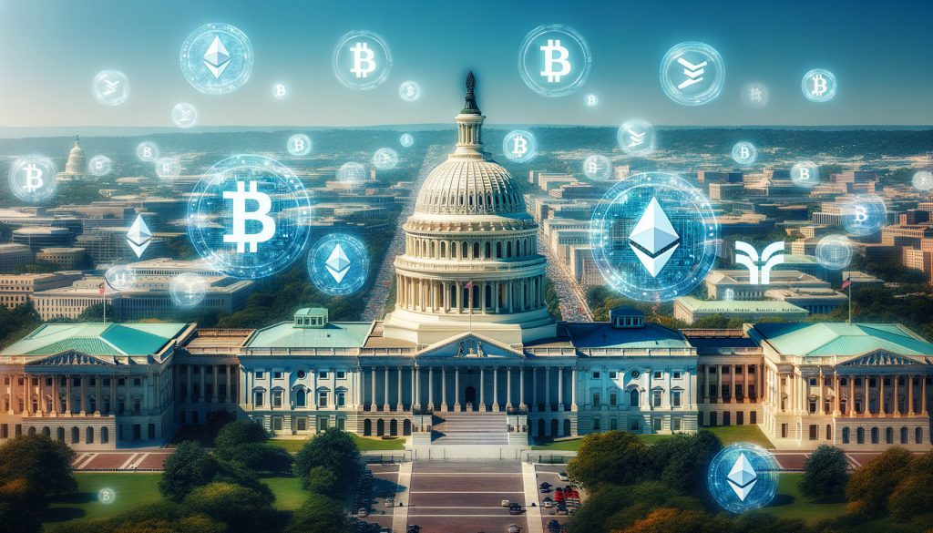 Capitol Hill with cryptocurrency symbols