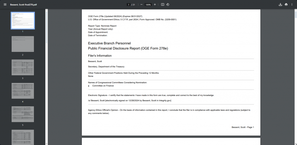 Official OGE Form 278e document