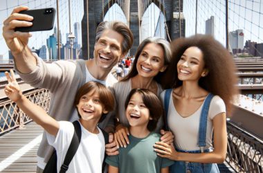 family standing happy taking a selfie at a restaurant table