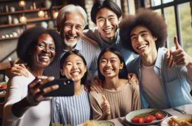 family standing happy taking a selfie at a restaurant table