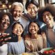 family standing happy taking a selfie at a restaurant table