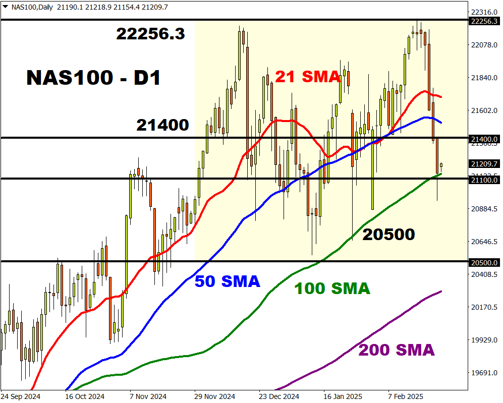 Chart showing NASDAQ 100 daily performance with key support levels