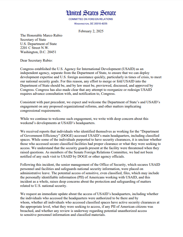 Senate Foreign Relations Committee missive  addressing USAID information    concerns D.O.G.E.