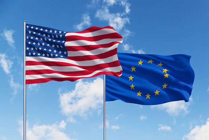 USA and EU European Union Flags