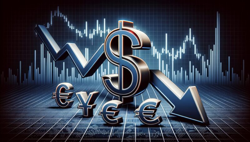 US dollar symbol declining with euro, yen, and pound symbols