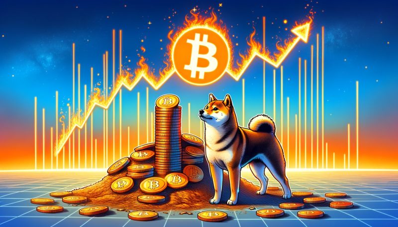 Shiba Inu dog standing on SHIB coins with Bitcoin and rising chart