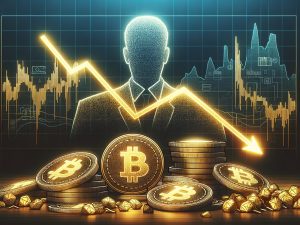 Investor silhouette with Bitcoin coins and fluctuating price chart
