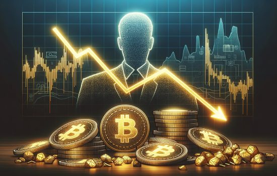 Investor silhouette with Bitcoin coins and fluctuating price chart