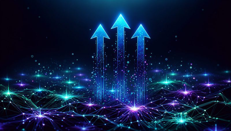 Three glowing blue arrows rising upward from a digital network of purple and teal nodes, symbolizing cryptocurrency growth