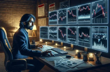 Crypto trader monitoring multiple price charts in sophisticated home office setup
