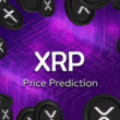 XRP coins on purple digital background with price prediction text