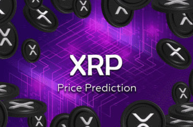 XRP coins on purple digital background with price prediction text