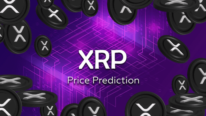 XRP coins on purple digital background with price prediction text