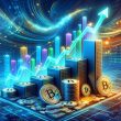 Digital cryptocurrency coins stacked in ascending order with rising chart