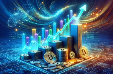 Digital cryptocurrency coins stacked in ascending order with rising chart