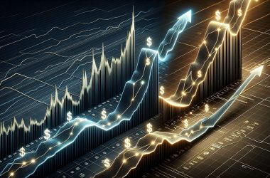 Two futuristic digital cryptocurrency price charts with dollar sign markers, showing one steep blue growth line and one gradual golden growth line racing toward the $1 milestone