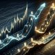 Two futuristic digital cryptocurrency price charts with dollar sign markers, showing one steep blue growth line and one gradual golden growth line racing toward the $1 milestone