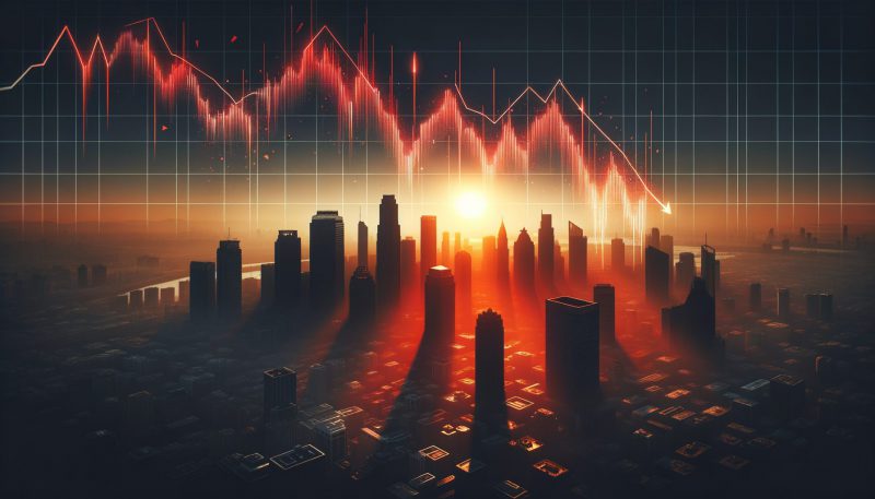 Stock market crash visualization with declining red chart over city skyline silhouette against sunset backdrop