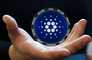 Hand holding Cardano ADA coin showing cryptocurrency logo