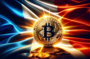 Golden Bitcoin coin with blue and orange light effects
