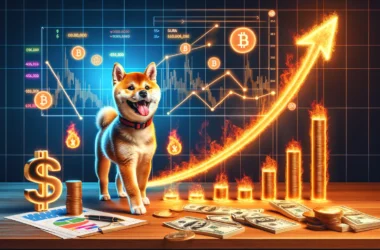 Shiba Inu dog with upward trending price chart and burning coins