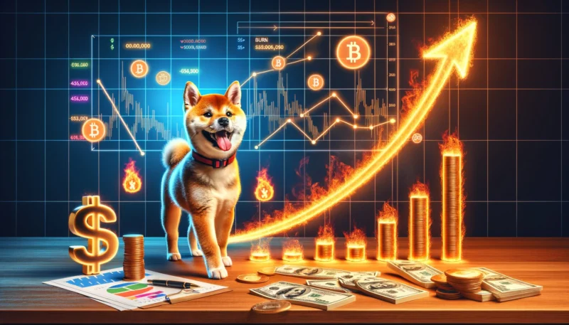 Shiba Inu dog with upward trending price chart and burning coins