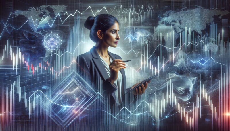 Business woman analyzing financial market data with digital charts and graphs