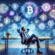 Relaxed investor amid floating Bitcoin symbols