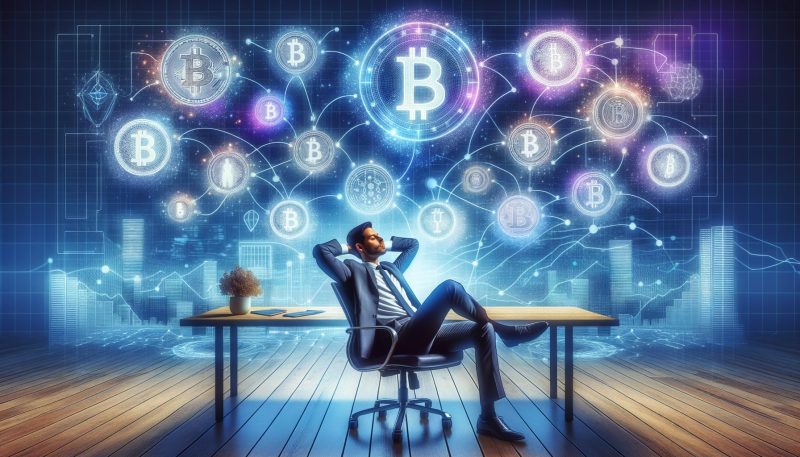 Relaxed investor amid floating Bitcoin symbols