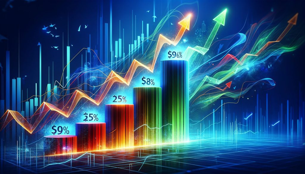 Colorful stock chart showing rising trend lines with growth percentages, symbolizing bargain stocks with high growth potential against a blue digital background