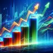 Colorful stock chart showing rising trend lines with growth percentages, symbolizing bargain stocks with high growth potential against a blue digital background